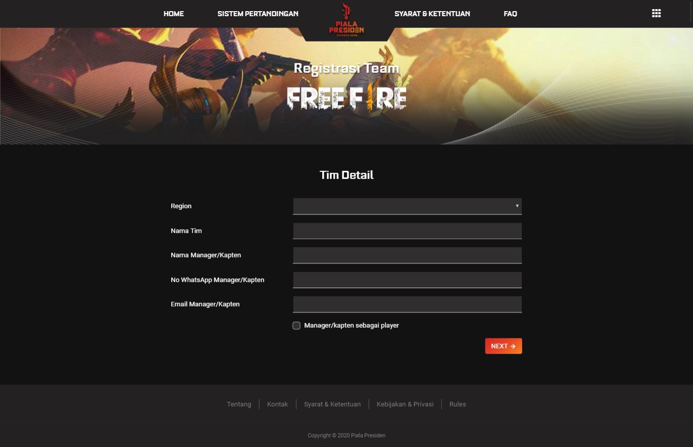 Free Fire registration page