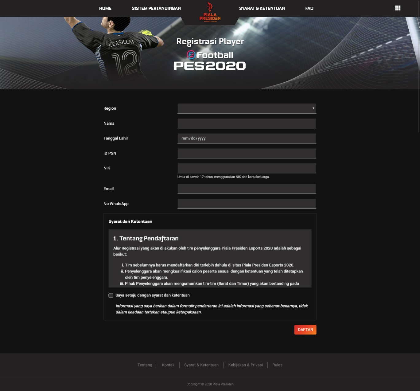 Pro Evolution Soccer 2020 registration page